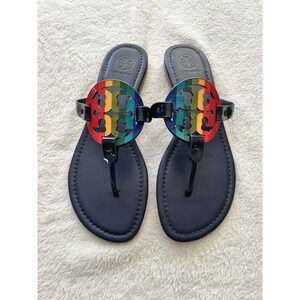 Tory Burch Miller Rainbow Logo Sandals Navy Blue Women's Authentic